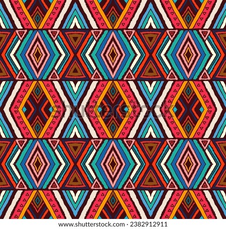 Modern geometric pattern with diamonds, stripes, diagonal lines. Ikat print. Zigzag chevron abstract illustration. Tribal ethnic vector texture. Aztec style. Folk embroidery. Scandinavian, African rug