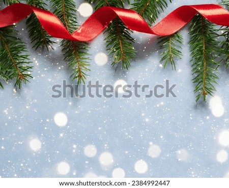 Christmas frame, background, fir branch, bokeh, red ribbon, snow