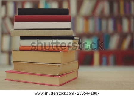 Pile of books in library