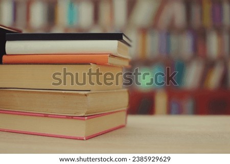 Pile of books in library
