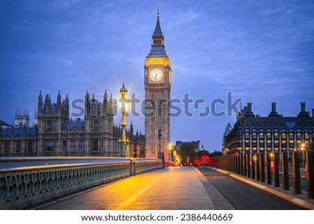London, United Kingdom. Westminster Bridge, Big Ben and House of Commons building in background, travel english landmark at blue hour.