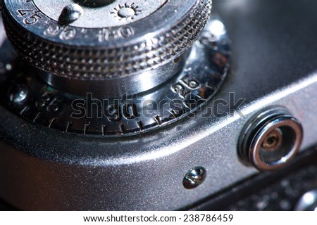 Metal detail of old vintage rangefinder camera closeup