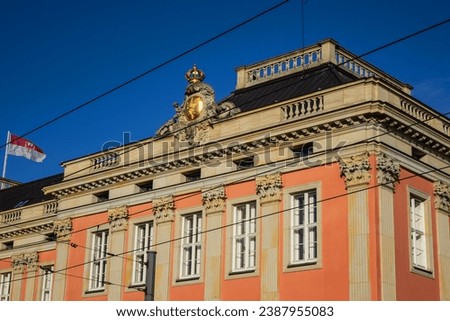 Potsdam, Germany - January 5, 2022: Fragments of Potsdam City Palace (2014) - reconstruction of Palace building (destroyed in 1945), now Palace is seat of the Parliament of the Brandenburg state. 
