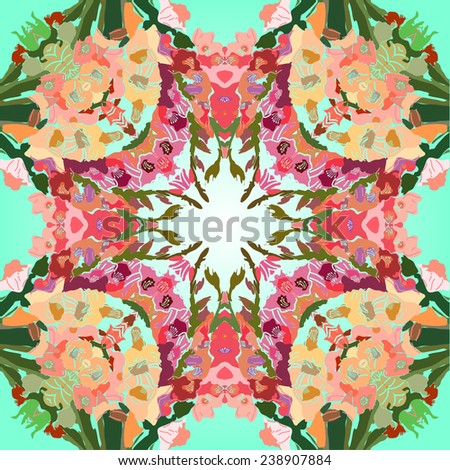 Circular seamless  pattern of colored floral motif, flowers, gladioli on a gradient azure  background. Handmade.