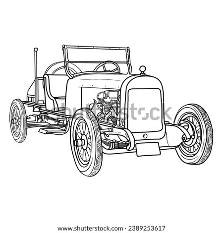 Classic Retro car with open top, vintage vehicle of 1900 Vector Illustration line art, Hand-Drawn Outline Design, Isolated on White Background