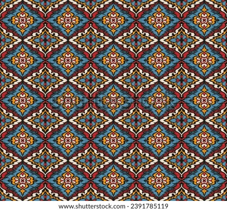 Geometric folk ornament ikat. Tribal ethnic vector textures. Seamless pattern in Aztec style. Folk embroidery. Indian, Scandinavian, Gypsy, Mexican rug. African carpet. Vector tie dye shibori print.