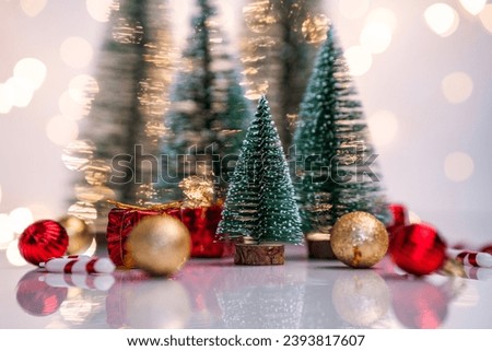 Beautiful Christmas image, Snow type Christmas trees with balls and gift boxes isolated on white background, Merry Christmas and Happy New year background