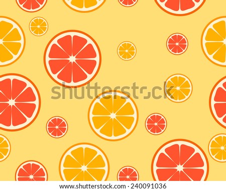 Bright orange and grapefruit background. Pieces of fruit. Vector seamless pattern