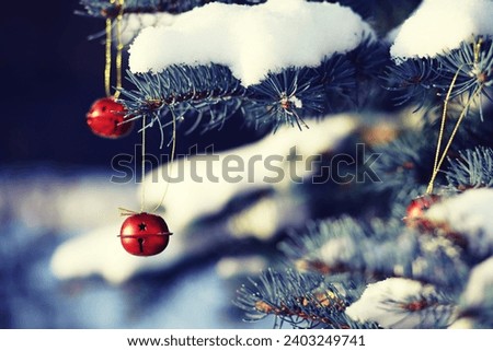 Christmas tree background and Christmas decorations with snow, blurred. Happy New Year and Xmas theme