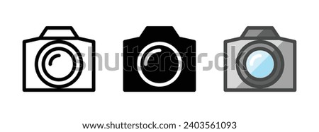 Multipurpose photo camera icon in outline, glyph, filled outline style. Various styles of photo camera vector icon. Three style variants in one pack.