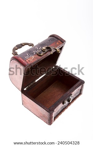 Empty treasure chest isolated on white