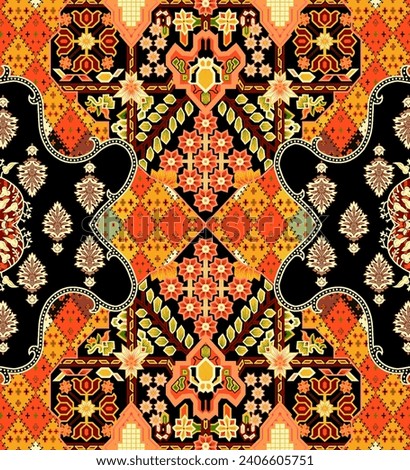 BLACK bandana kerchief paisley fabric patchwork abstract vector seamless pattern