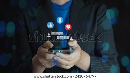 Social media and digital online concept, woman using smart phone. The concept of living on vacation and playing social media. Social Distancing ,Working From Home concept