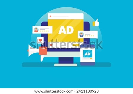 Advertising on social media platforms, Social media ad campaign, customer engagement on social media - vector illustration background with icons