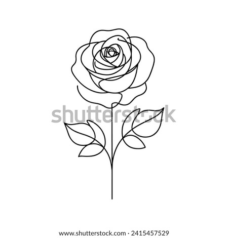 Line drawing of a rose with leaves.