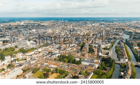 Ghent, Belgium. Panorama of the central city from the air. Cloudy weather, summer day, Aerial View  