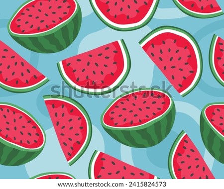 Bright tropical seamless pattern. Watermelons on a light blue background. 