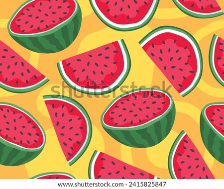 Bright tropical seamless pattern. Watermelons on a yellow background. 
