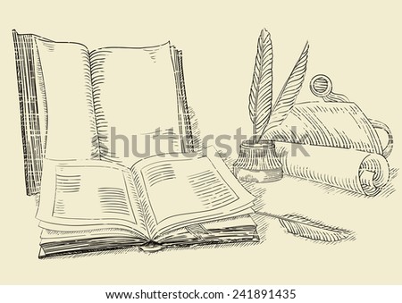 Retro books. Background  of old  books and antique objects at  engraving style.  
