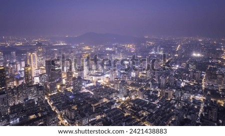 Aerial photography of night scenes of urban buildings in the cen