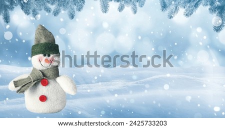 Cute decorative snowman in hat and scarf outdoors on snowy day, space for text. Banner design