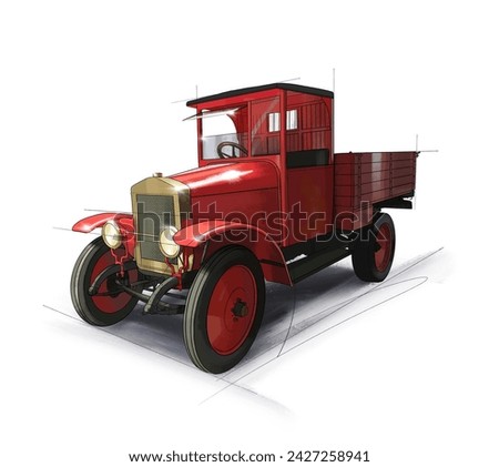 Hand drawn illustration, red retro bus, old car, retro garage, antique car, Soviet auto industry. High quality illustration
