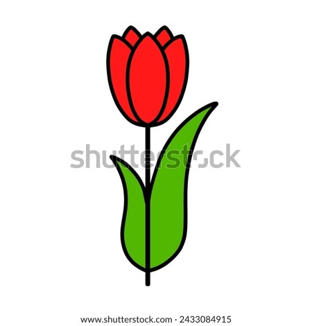 Illustration of a red tulip flower with outline. Tulip flat icon
