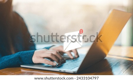 using a laptop to send an email. icon new email, information message. smart SMS mail on digital. business communication contact newsletter concept. marketing social media. write text on the web