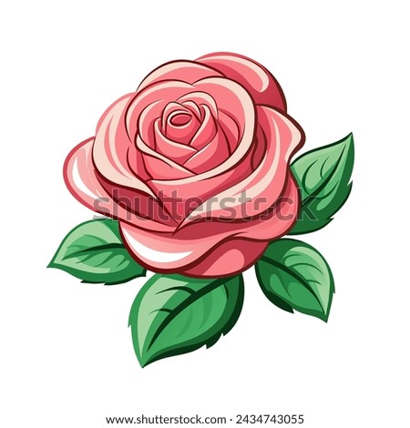 pink cartoon rose flower with green leaves on white