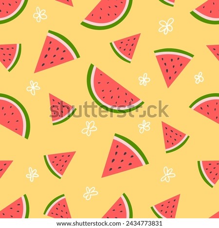 Summer seamless pattern of watermelons on yellow background. Pattern with cute simple elements in flat style.
