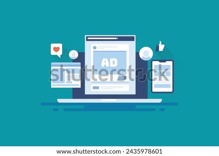 Social media advertising campaign, Business running social media ads to drive traffic to the website, getting page likes and followers - vector illustration with icons