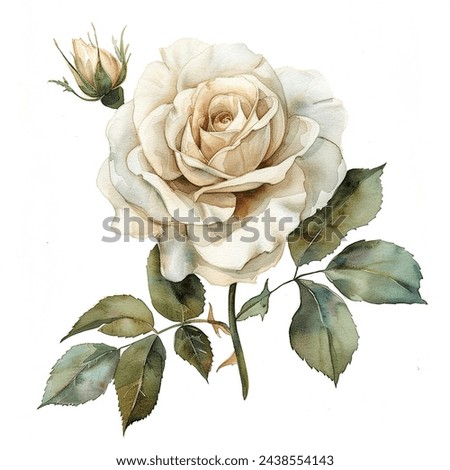 White Single Rose Flower isolated watercolor illustration painting botanical art transparent white background greeting card stationary wedding bridal home decor