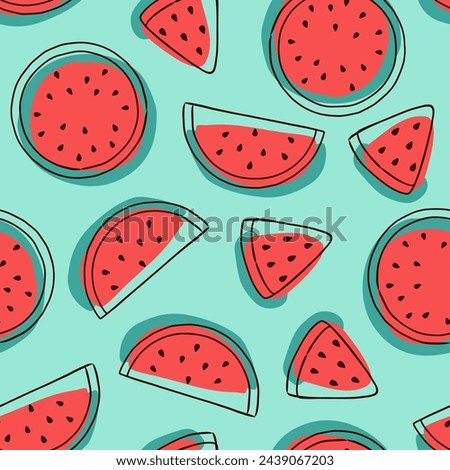 Childish seamless pattern with juicy fresh Watermelon on green background. Vector Illustration. Hand drawn summer fruit waterfruit in flat style vector background. Fashion design for textile print. 