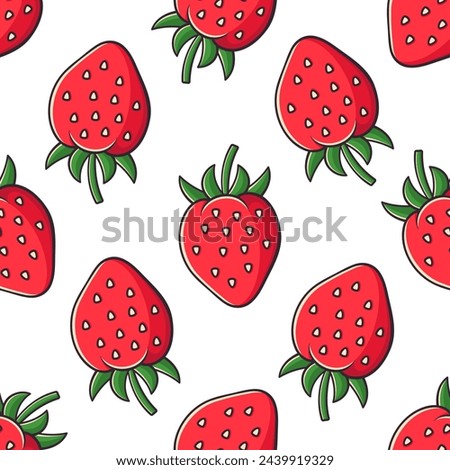 Strawberry vector seamless pattern. Red berries with green leaves on white background.
