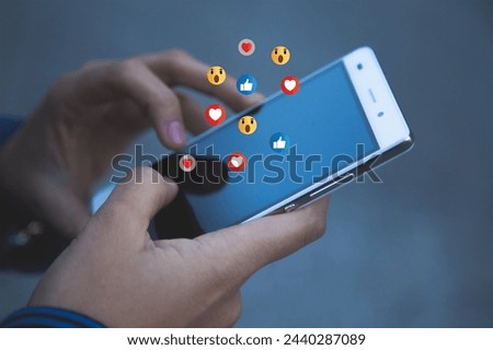 Social media and digital online concept, man using smart phone with Social media. The concept of living on vacation and playing social media. Social Distancing ,Working From Home concept.