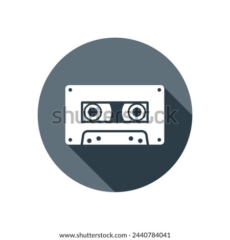 Cassette icon with long shadow flat vector isolated on white background. Element for music concept. Symbol for web
