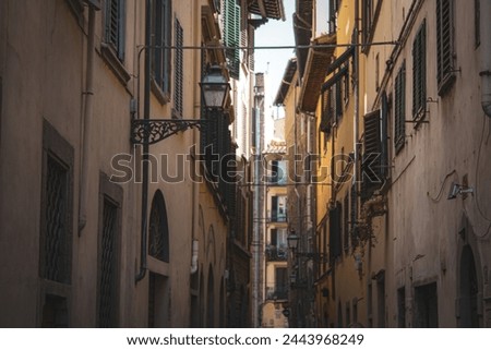 The charming alleyway of a Tuscan town, lined with traditional shuttered windows and rustic facades, exudes the warmth and historic ambiance of Italy's heartland.