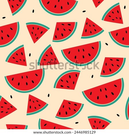Seamless watermelons pattern. Seamless background with pieces of watermelon. Watermelon slices. Retro colors. Vector background. Flat design.
