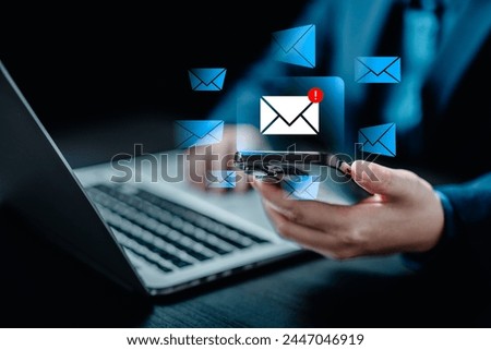 Businesswomen checking email via smartphone have spam malware screen alerts, cyber internet web hack attacks, warning errors, sniffing attacks, phishing, cybersecurity network concept