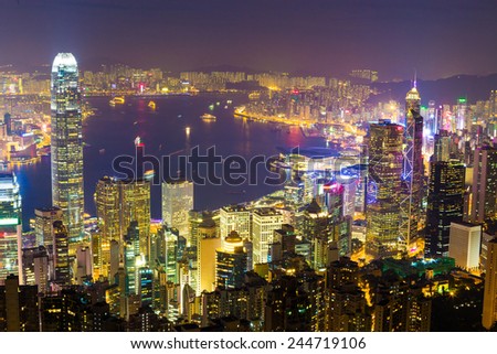 Hong Kong skyline at night. View from victoria peak
