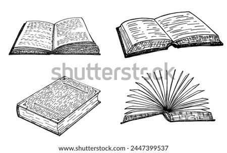 Books hand drawn set. Opened and closed books isolated on white background. Vector sketch icons of literature for library, store, university or school isolated on white background