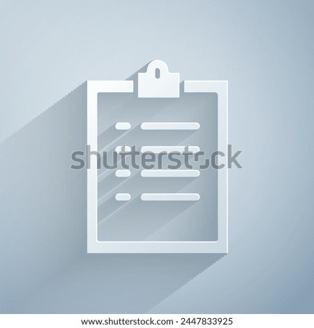 Paper cut Clipboard with checklist icon isolated on grey background. Control list symbol. Survey poll or questionnaire feedback form. Paper art style. Vector Illustration