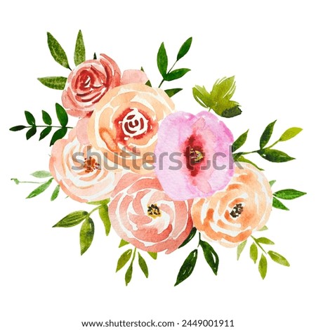 Watercolour Flower Bouquet Blush Rose Summer Arrangement Isolated on White
