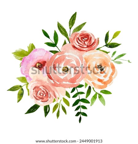 Watercolour Flower Bouquet Blush Rose Summer Arrangement Isolated on White