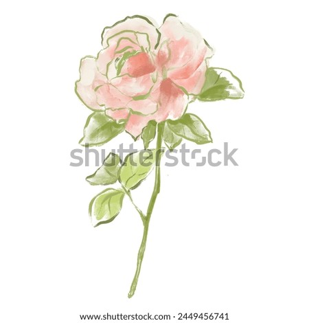 Oil painting abstract flower card of pink rose and leaves. Hand painted floral composition of wildflower isolated on white background. Holiday Illustration for design, print, fabric or background.