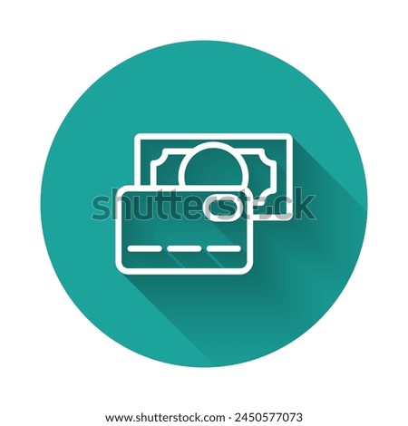 White line Credit card icon isolated with long shadow background. Online payment. Cash withdrawal. Financial operations. Shopping sign. Green circle button. Vector