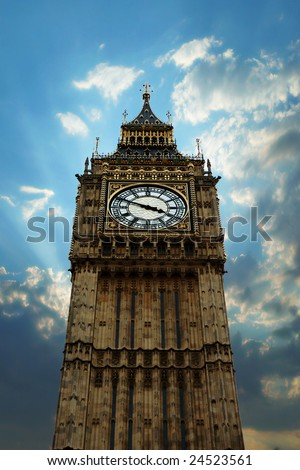 telephoto of Big Ben, London, with artistic clouds around