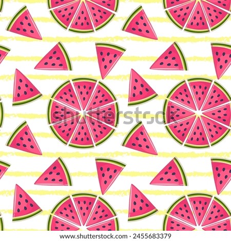 Whole and sliced watermelon slices on a light colored background. Seamless pattern