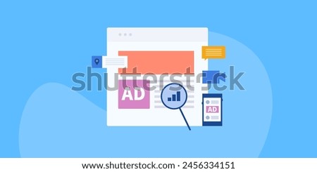 Online advertising analytics displaying report of advertising campaign, Ad campaign data analysis, Digital marketing technology - vector illustration with icons