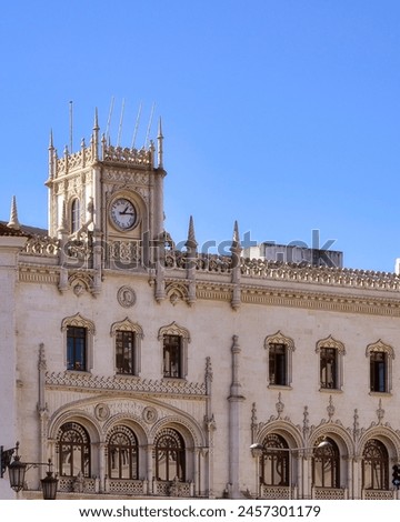 Rossio railway station, colonial building. Ancient clock tower capital structure, Lisbon, Portugal